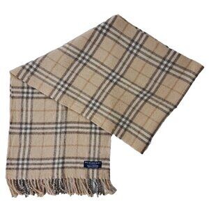 BURBERRY London Classic Nova Check Knit 100% Lambs Wool Fringe Beige SCARF